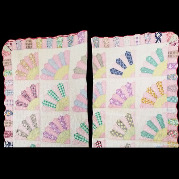 Vintage Quilt 1930s Fan Motif Handsewn w/20s-30s Cotton Fabrics - Picture 12 of 16